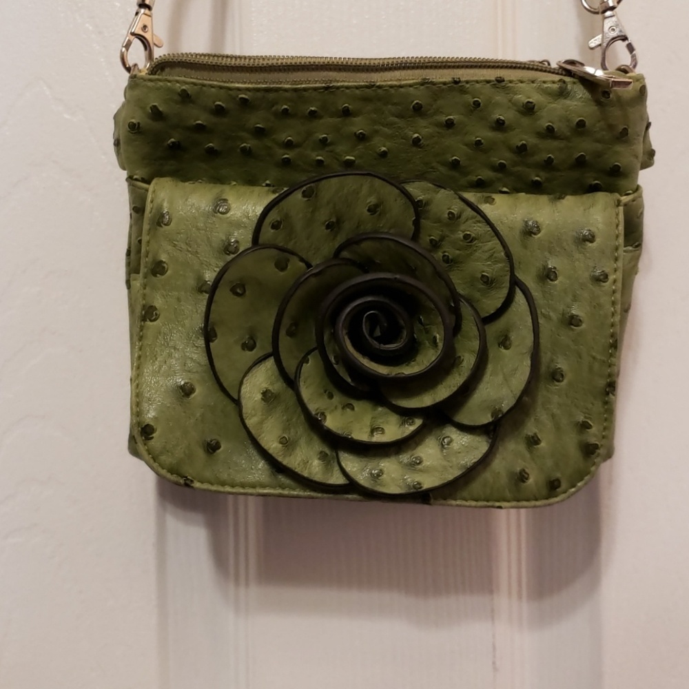 Adorable Olive Green Flower Leather Purse